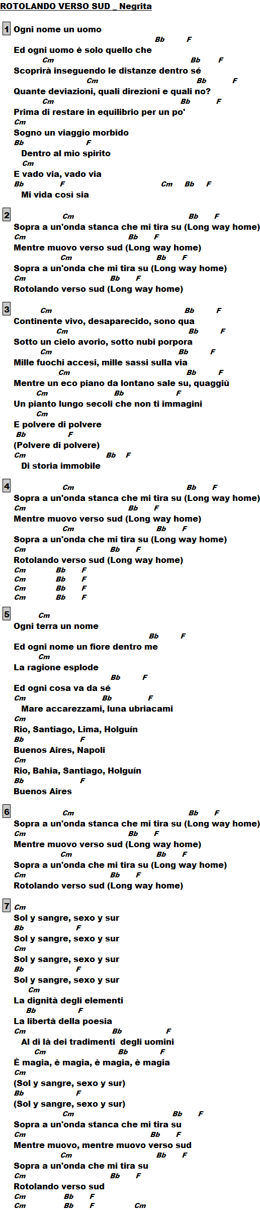 Rotolando verso sud - Negrita ACCORDI